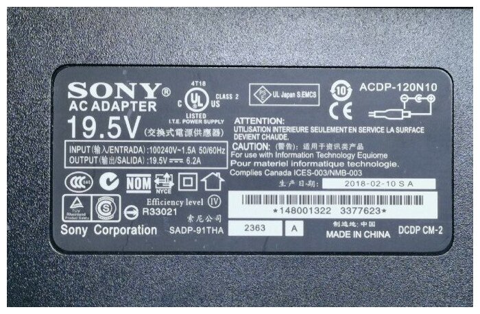 Зарядное устройство MyPads блок питания от сети для жк-телевизора SONY KDL-42W654A / ACDP-120N02 (240V 19.5V 6.2A)