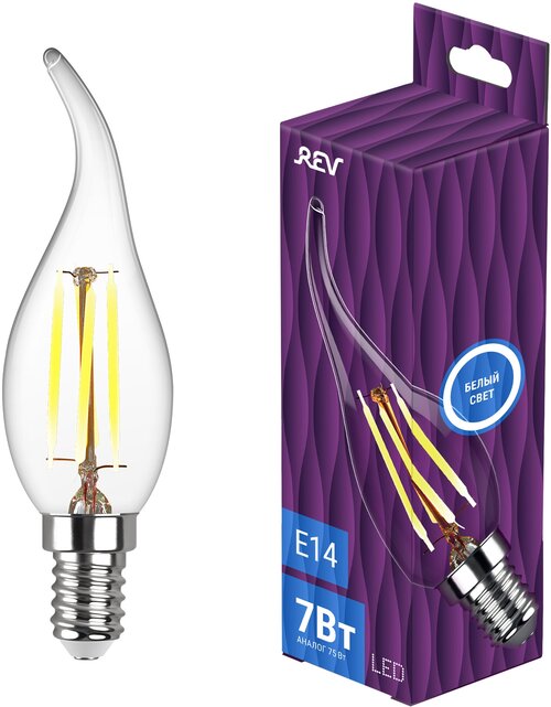 Лампочка светодиодная FILAMENT REV, свеча на ветру, E14, 7W, 4000K, дневной свет