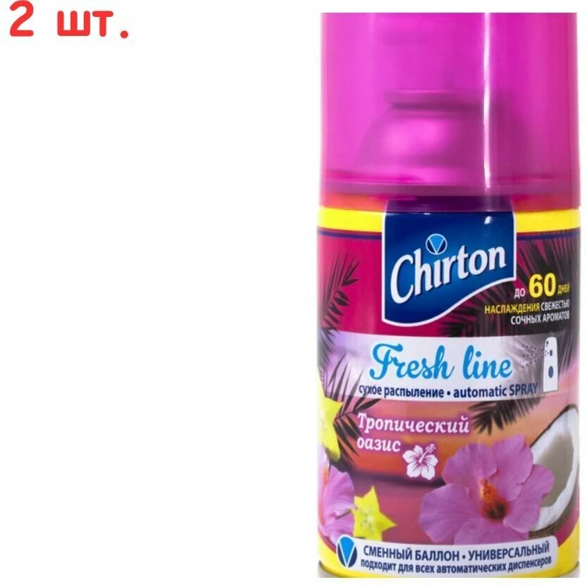 фото Сменный баллон 250 мл, CHIRTON "Тропический оазис", для автоматических освежителей, универсальный, сухое распыление, 4670013302598, 2 шт.