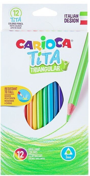 CARIOCA Карандаши 12 цветов Carioca Tita, яркий ударопрочный грифель 3.0 мм, трехгранные, пластиковые, картон, европодвес