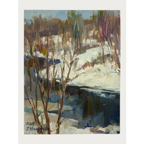 Картина сельский пейзаж “Оттепель” | размер на холсте 34*26 см, масло 2020 г | Современный художник Д. Молостнова