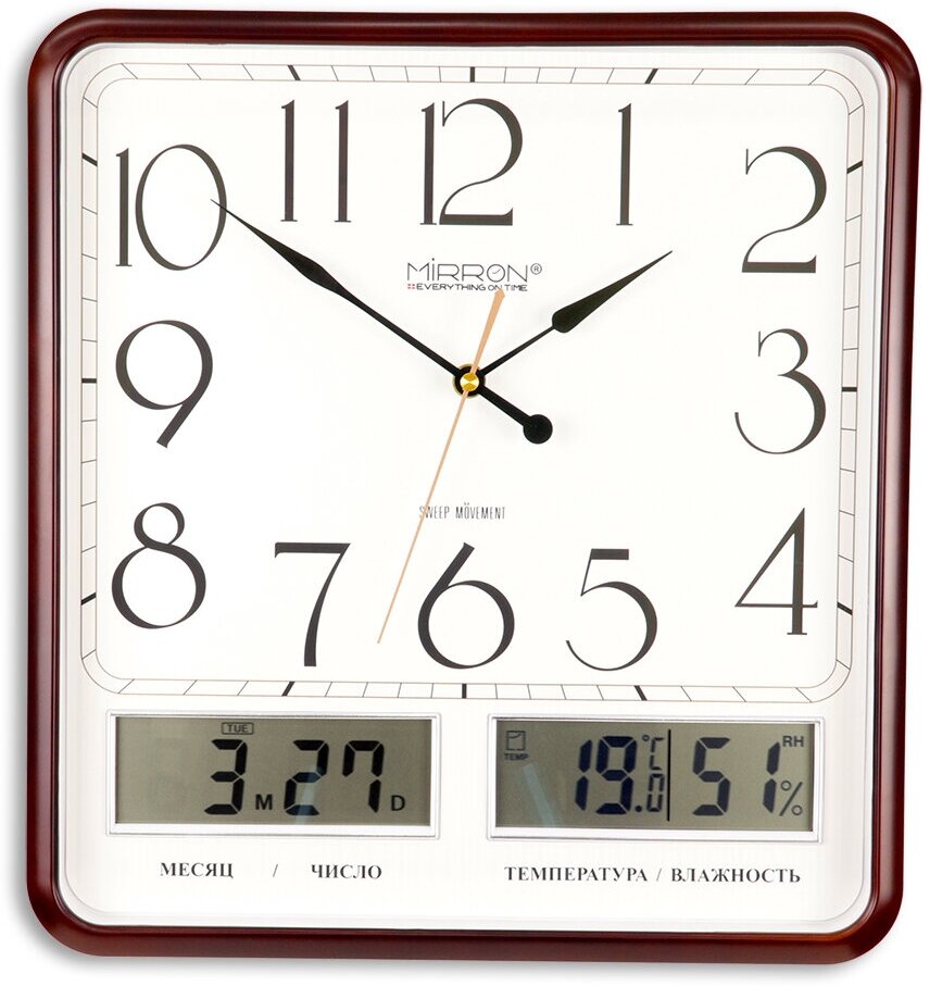Большие настенные часы MIRRON P3325A-2 ЖК ТДБ/Коричневый цвет корпуса/Белый (светлый) циферблат/Два ЖК дисплея/Часы с датой/Часы с термометром, гигрометром