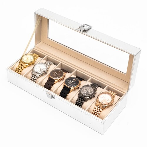 фото Шкатулка для хранения 6 часов p-6so cloxbox, со стеклом, серебряная искусственная кожа