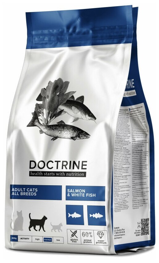 Doctrine сухой беззерновой корм для взрослых кошек с лососем и белой рыбой - 800 г