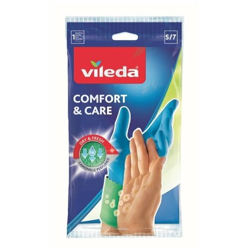 Перчатки Vileda Comfort & Care с кремом для чувствительной кожи, 1 пара, размер S, цвет голубой