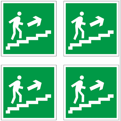 Наклейки Направление к эвакуационному выходу по лестнице вверх направо по госту Е015, кол-во 4шт. (125x125мм), Наклейки, Матовая, С клеевым слоем