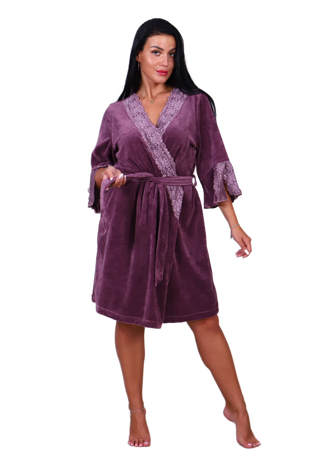 Халат Dianida средней длины, укороченный рукав, пояс, размер 46, фиолетовый - фотография № 1