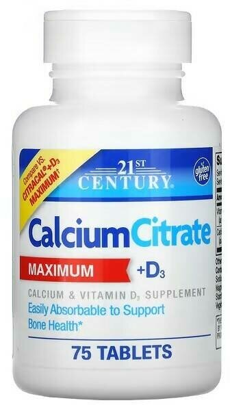 21st Century Calcium Citrate MAXIMUM + D3 75 таб.