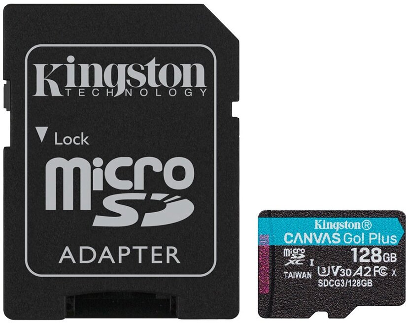 Карта памяти Kingston microSDXC 128 ГБ Class 10, V30, A2, UHS-I U3, R/W 170/90 МБ/с, адаптер на SD