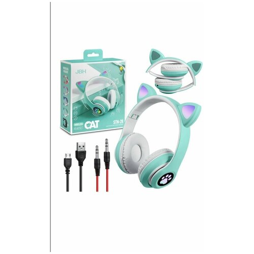 Беспроводные наушники Зеленый с кошачьими ушками Блютуз наушники с рисунком кошачьи лапки 76600₽