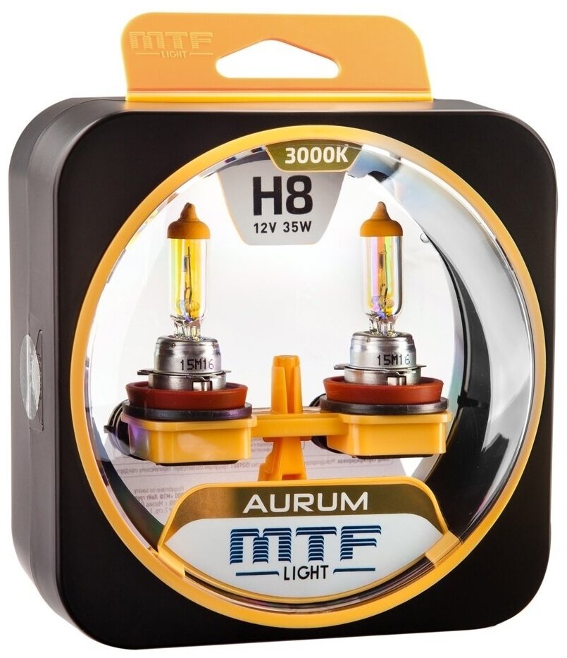 Комплект галогенных ламп MTF Light H8 Aurum 3000K, со специальным покрытием излучают золотисто-желтый свет. (2шт.)