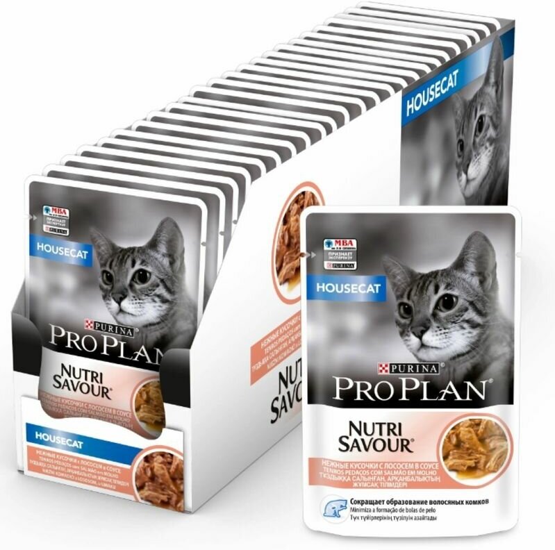 Pro Plan Влажный корм для взрослых кошек, живущих дома, с лососем в соусе, пауч 85 г, 6 штук - фотография № 5