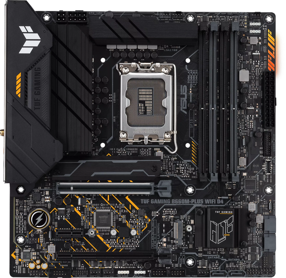 Материнская плата ASUS TUF GAMING B660M-PLUS WIFI D4 Socket 1700, Intel B660, 4xDDR4, PCI-E 5.0, 2500 Мбит/с, Wi-Fi, Bluetooth, USB 3.2 Gen1, 4xUSB 3.2 Gen2, USB 3.2 Gen2x2 Type-C, HDMI, DisplayPort, подсветка, mATX