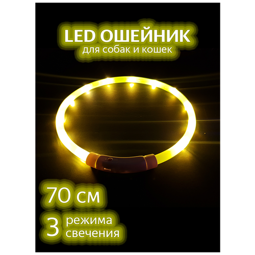 Светящийся ошейник для собак / Желтый 70см / Светодиодный LED ошейник для собак / Дрессировка / Поводок