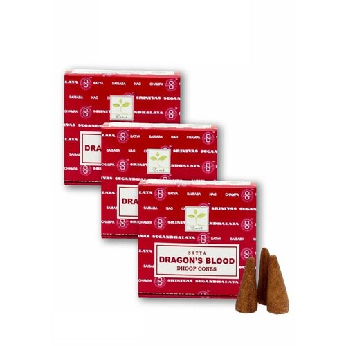 Набор Satya Кровь Дракона - 3 упаковки по 12 шт - ароматические благовония, конусовидные, конусы с подставкой, Dragons Blood - Сатия, Сатья