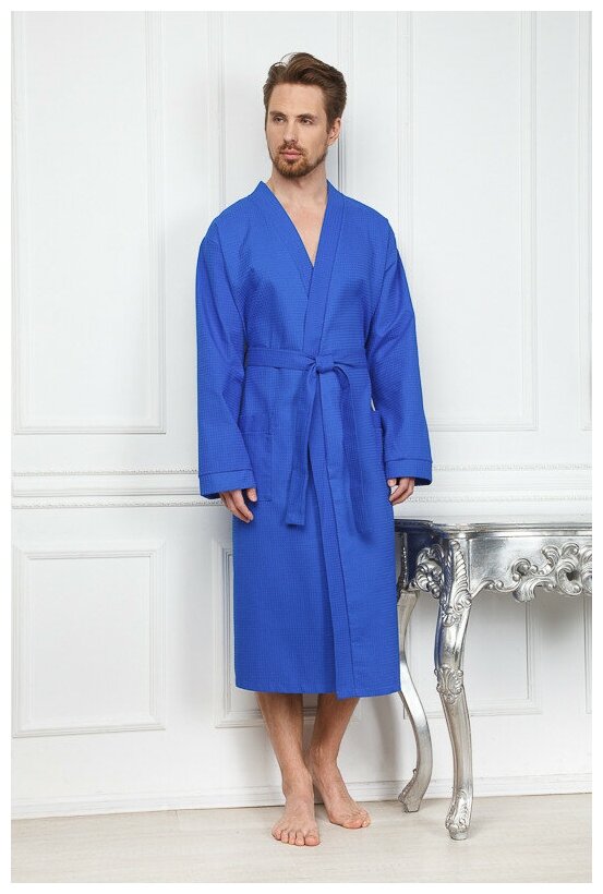 Вафельный синий мужской халат - фотография № 2