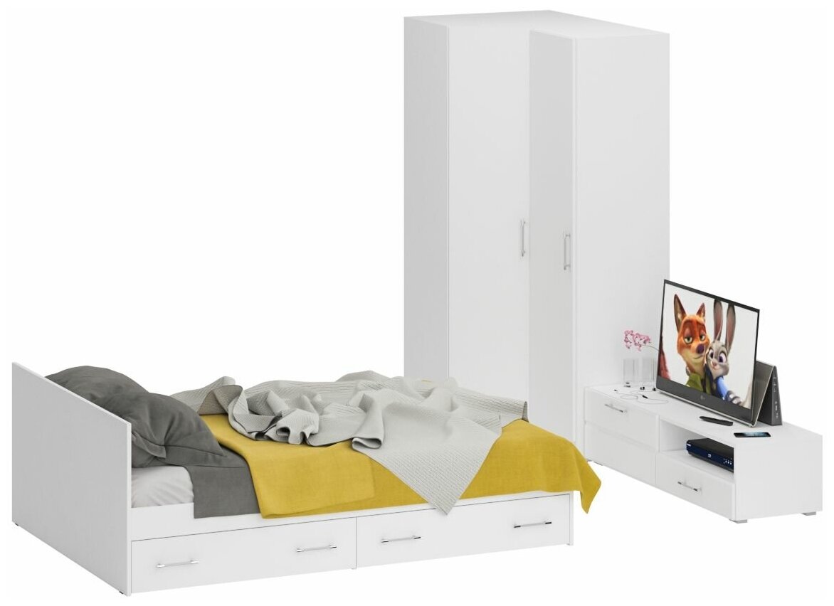 Мебель для спальни белая Стандарт № 4 Стандарт с кроватью 1400 с ящиками, цвет белый, спальное место 1400х2000 мм, без матраса, основание есть