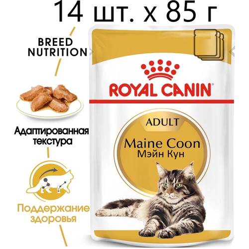 Влажный корм для кошек Royal Canin Maine Coon Adult, для взрослых кошек породы мейн-кун, 14 шт. х 85 г (кусочки в соусе) влажный корм для кошек royal canin maine coon adult для взрослых кошек породы мейн кун 3 шт х 85 г кусочки в соусе