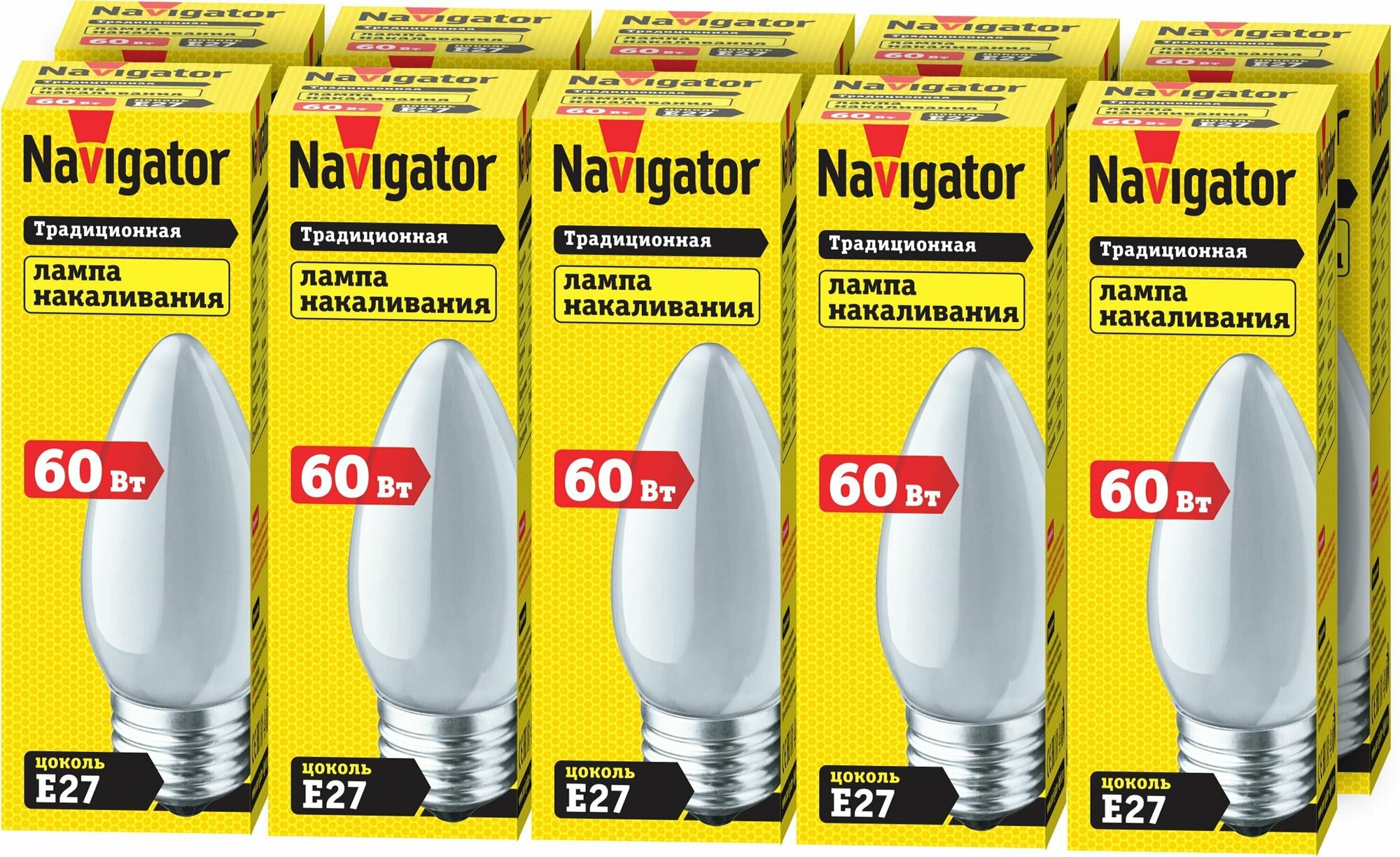 Лампа накаливания Navigator 94 327 NI-B, 60 Вт, свеча, цоколь Е27, упаковка 10 шт.