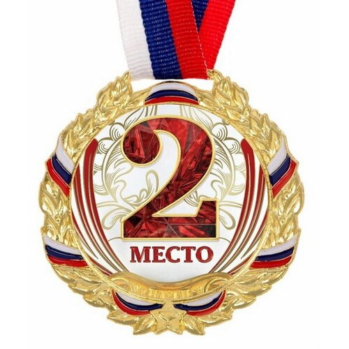 Медаль призовая 075 диам 6.5 см 2 место, триколор. Цвет зол. С лентой