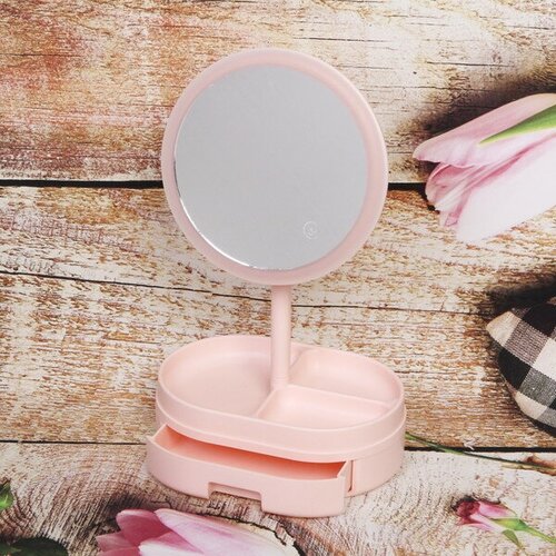зеркало настольное с органайзером для косметики beauty цвет зеленый 31 18см Зеркало настольное с подсветкой и органайзером Beauty, цвет розовый, USB, 35*18см