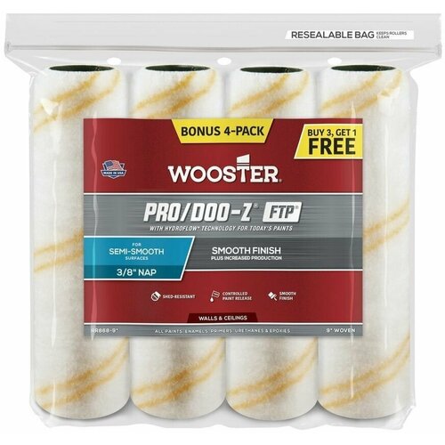 wooster заглушка для валика к рукояткам br045 br047 r087 Валик малярный WOOSTER RR868-9 Pro/Doo-Z FTP 3/8, набор 4 шт. (ворс 0,95 см, ширина 22,86 см)