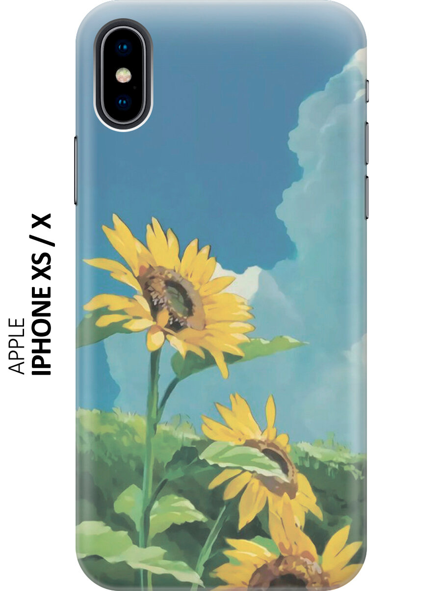 Силиконовый чехол на Apple iPhone Xs / X / Эпл Айфон Икс / Икс Эс с рисунком "Три подсолнуха в поле"