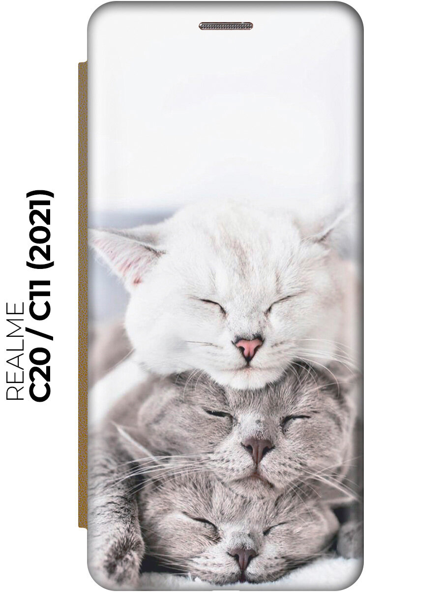 Чехол-книжка Три кота на realme C20 / C11 (2021) / Рилми С20 / С11 (2021) золотой