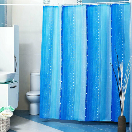 Штора для ванной тканевая 180*200см, RAIN голубой, занавеска для душа с кольцами, полиэстр