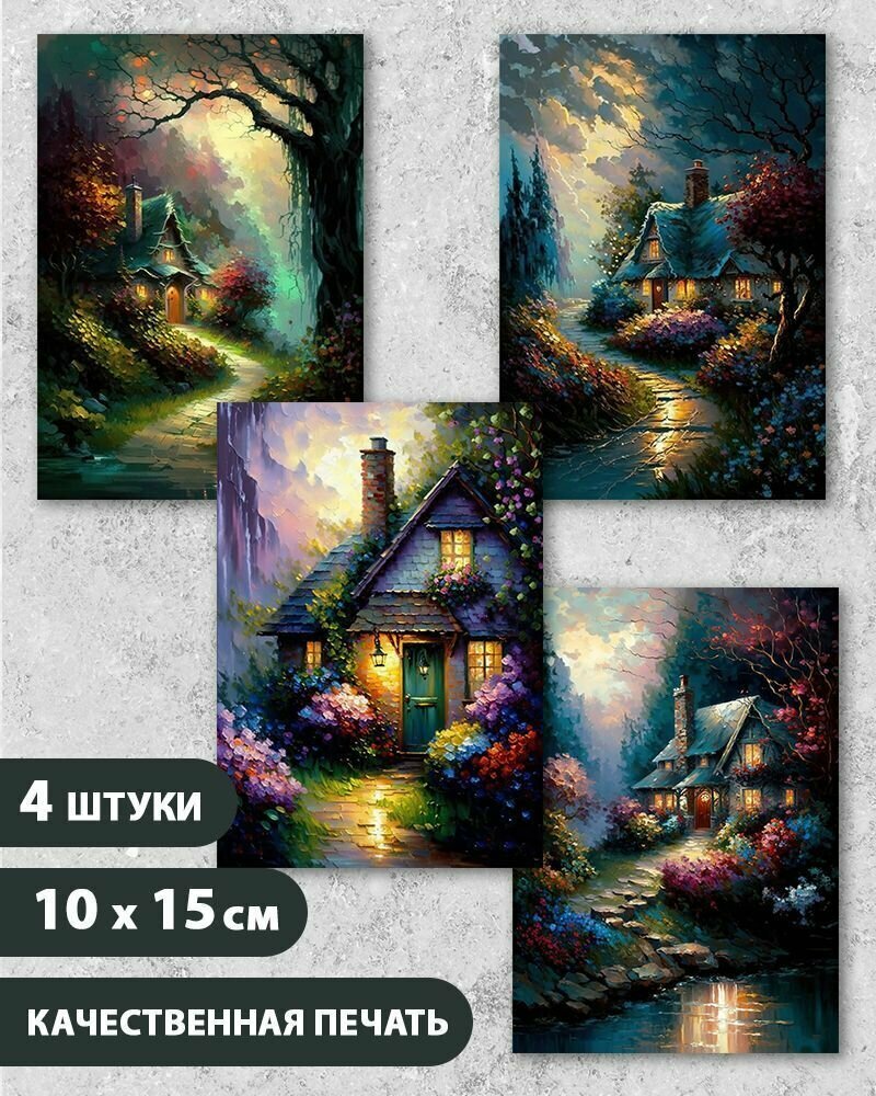 Набор открыток "Сказочный домик 2", 10.5 см х 15 см, 4 шт, InspirationTime, на подарок и в коллекцию
