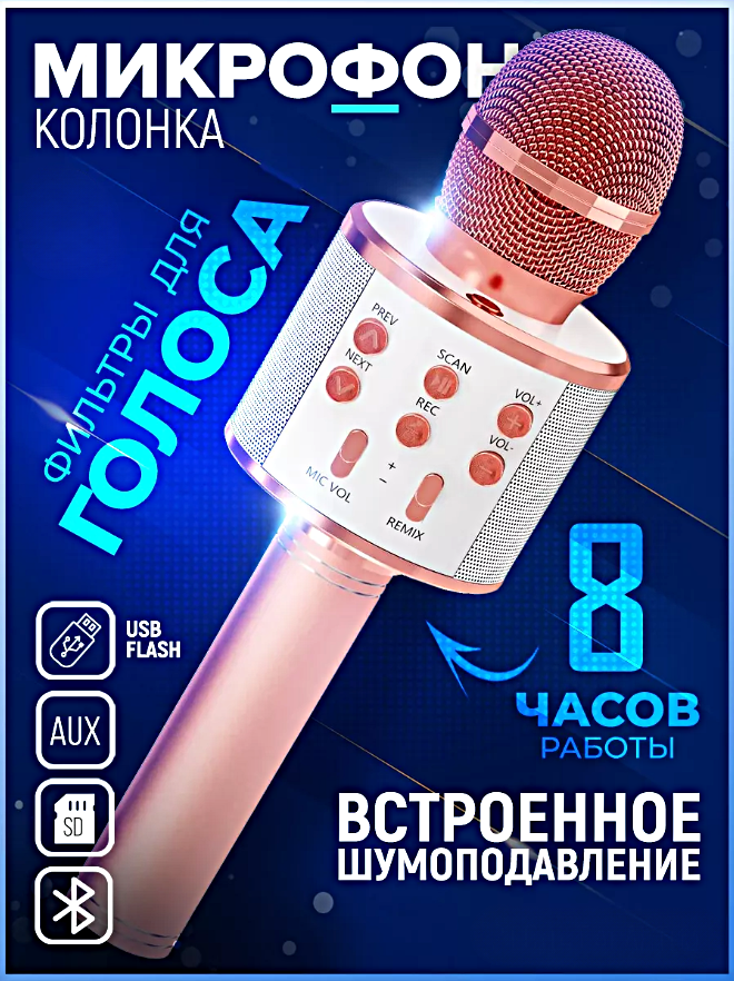 Микрофон караоке беспроводной, Микрофон WS Bluetooth со встроенной колонкой для караоке, вечеринок, Розовый