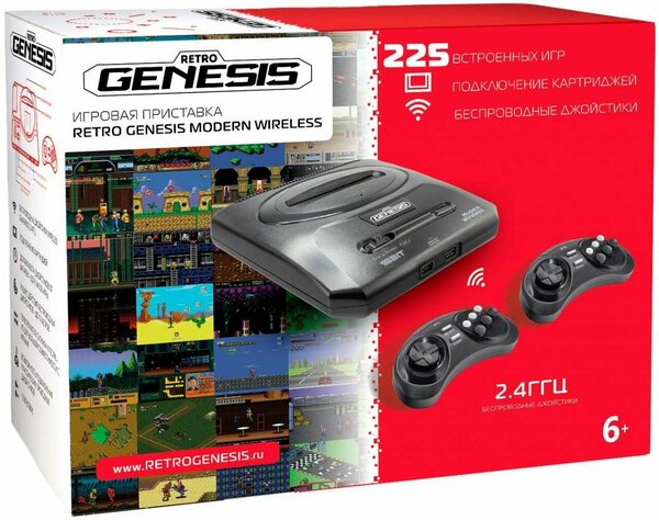 Игровая приставка 16 bit Sega Retro Genesis Modern Wireless (225 в 1) + 225 встроенных игр + 2 беспроводных геймпада (Черная)