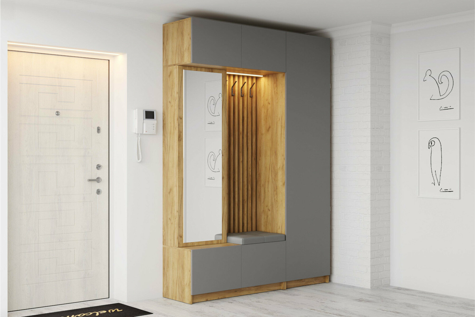 фото Прихожая МК Стиль Бостон №3 дуб крафт золотой / серый шифер 155х41.4х236 см