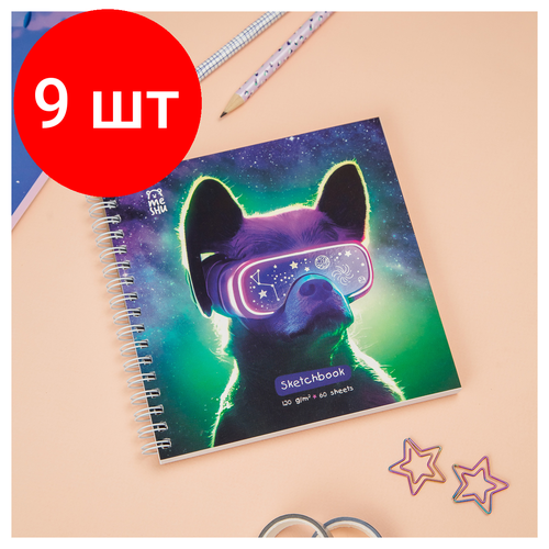 Комплект 9 шт, Скетчбук 60л, 150*150 MESHU Виртуальный мир, на гребне, выб. лак, soft-touch, 120г/м2