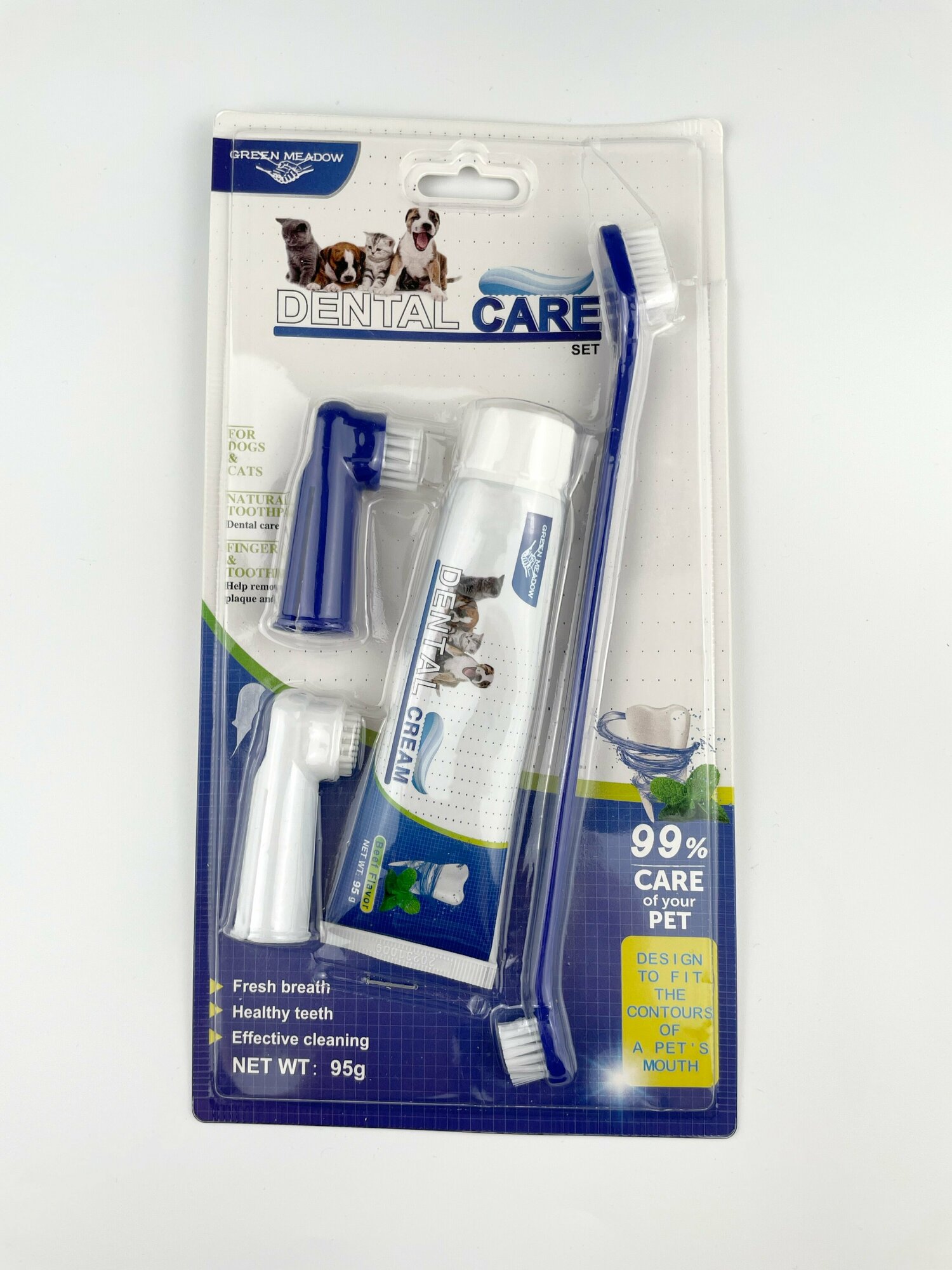 Набор с зубной пастой с щеткой и двумя напальчниками для груминга и бережного ухода за зубами кошек и собак