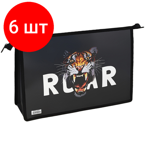 Комплект 6 шт, Папка для тетрадей 2 отделения А4 ArtSpace Tiger, пластик, фольга, на молнии