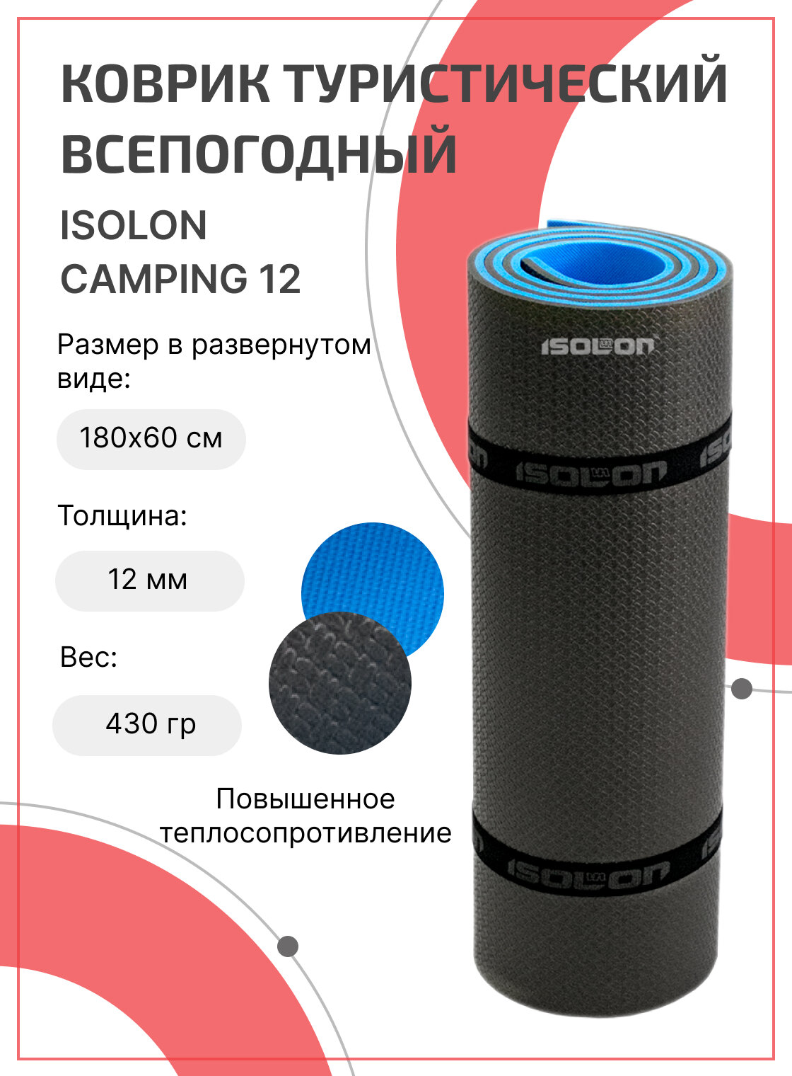 Коврик для активного отдыха и спорта Isolon Camping 12 мм 180х60 см