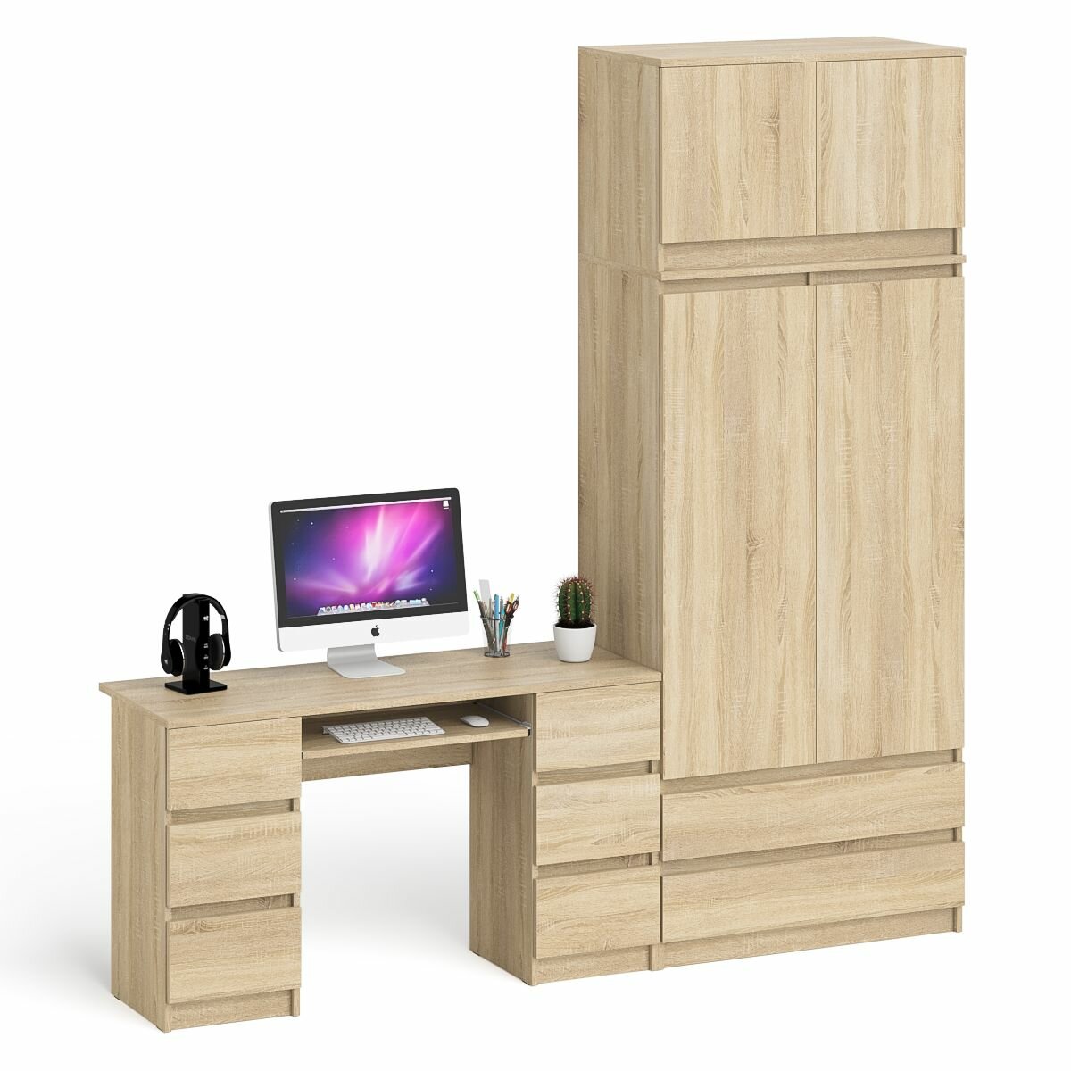 Стол 2-х тумбовый компьютерный СВК Мори со шкафом и антресолью цвет дуб сонома, 225,8х50,4х234,2 см.