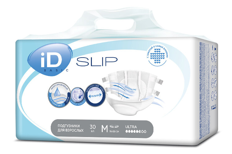 Подгузники для взрослых iD Slip Basic Medium, объем талии 70-120 см, 30 шт.