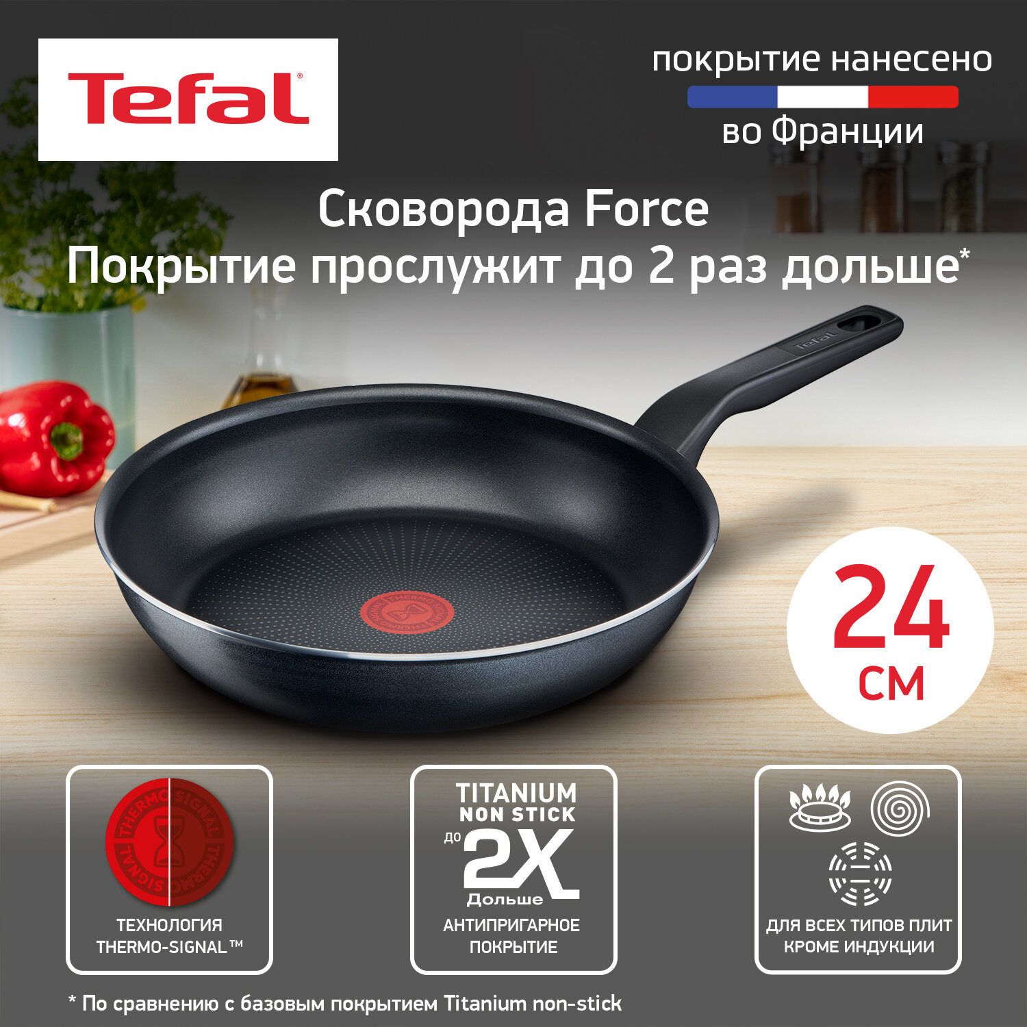 Сковорода Tefal Force 4218024, 24см, черный, антипригарное покрытие, без крышки (9100048315) - фото №1