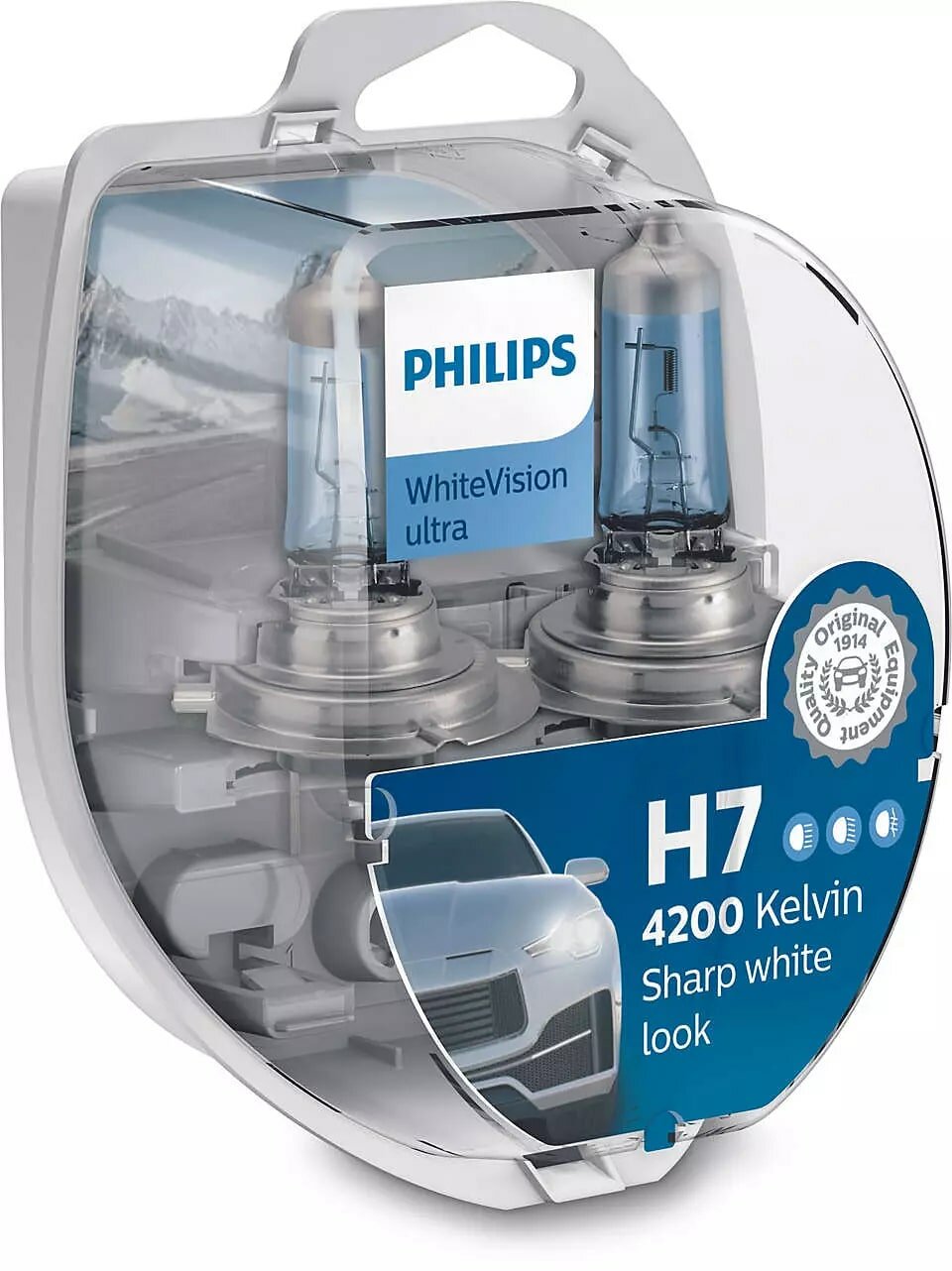 Лампа автомобильная галогенная Philips WhiteVision ultra 12972WVUSM H7 55W PX26d 4200K 2 шт.