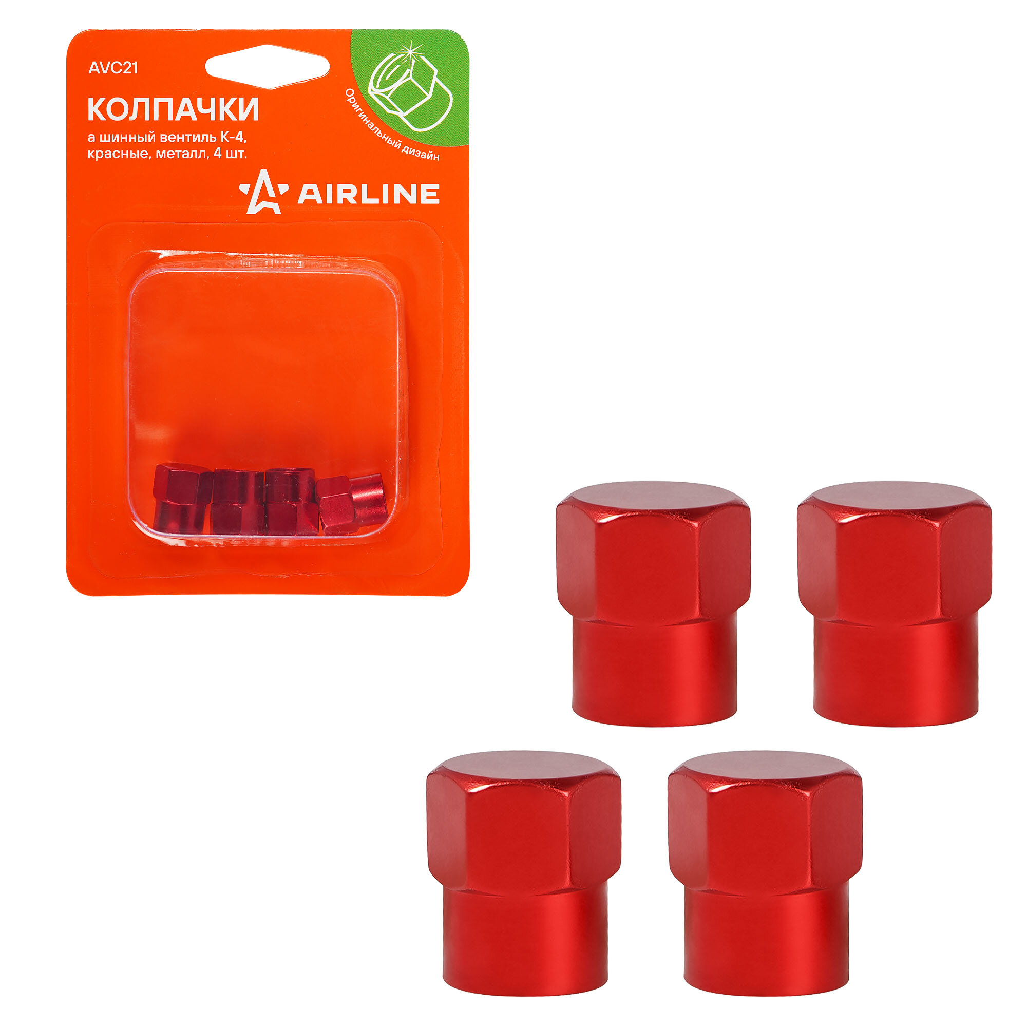 Колпачки на шинный вентиль K-4, красные, металл, 4 шт. AVC21 AIRLINE