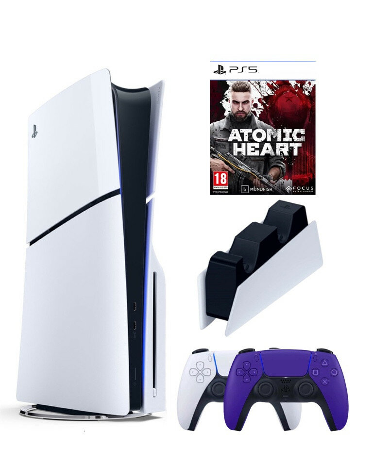 Приставка Sony Playstation 5 slim 1 Tb+2-ой геймпад(пурпурный)+зарядное+Атомик