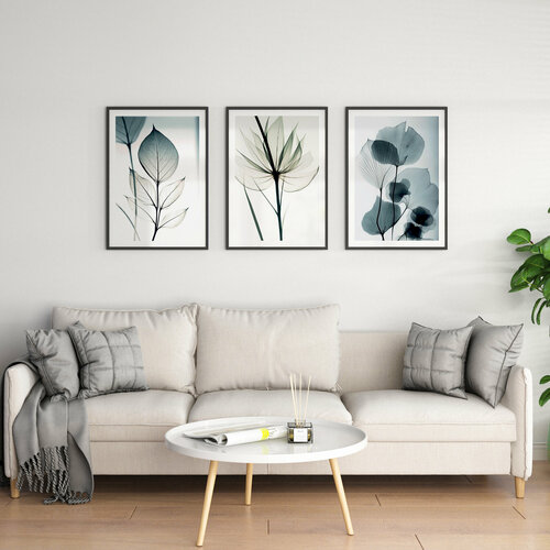 Набор постеров с листьями в серо-голубых тонах 30 на 42см