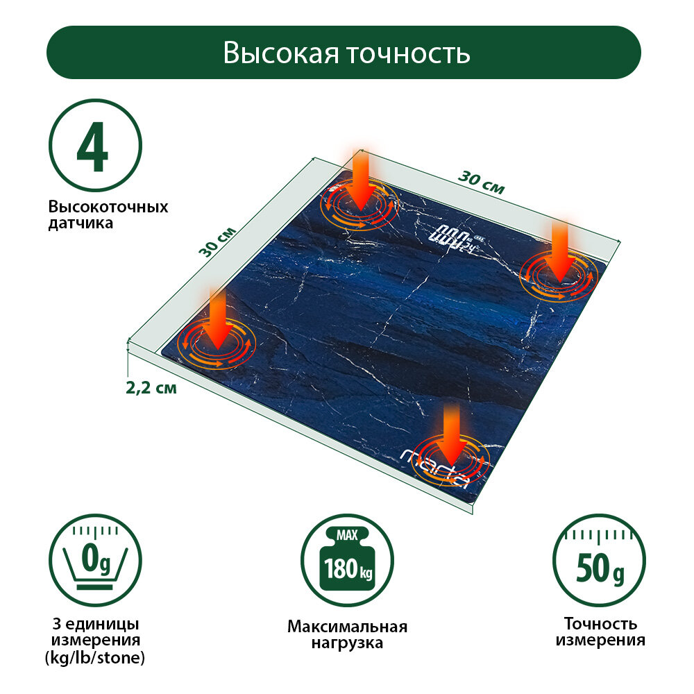 MARTA MT-SC3602 черный мрамор весы напольные сенсор LED дисплей, встроенный термометр - фотография № 2