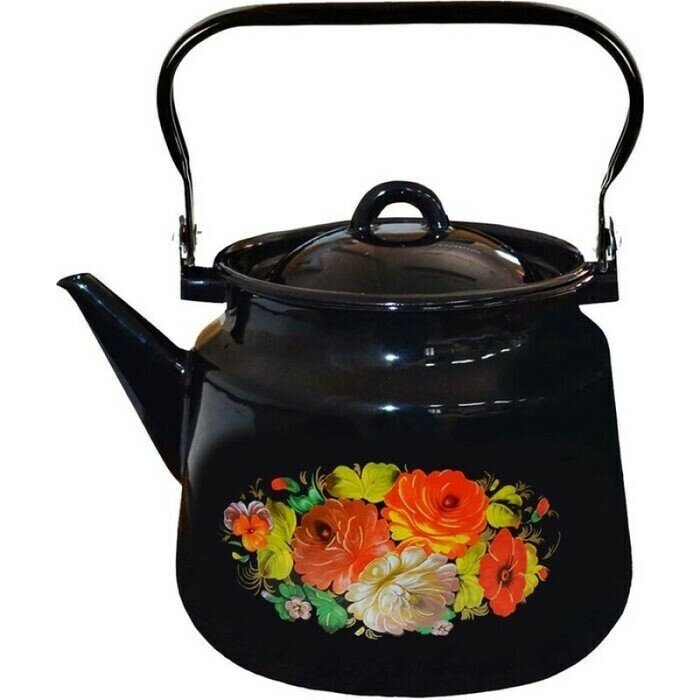 Чайник эмалированный, 3,5 л, для газовой плиты, Жостово черный с рис. (Северсталь-эмаль арт. 1с26с ЭМЧ)