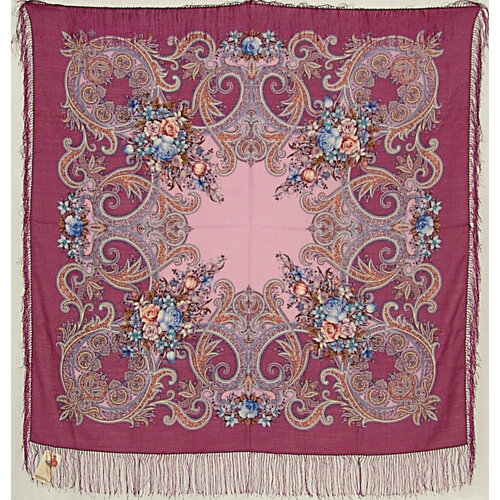 фото Платок павловопосадская платочная мануфактура,125х125 см, синий, бордовый