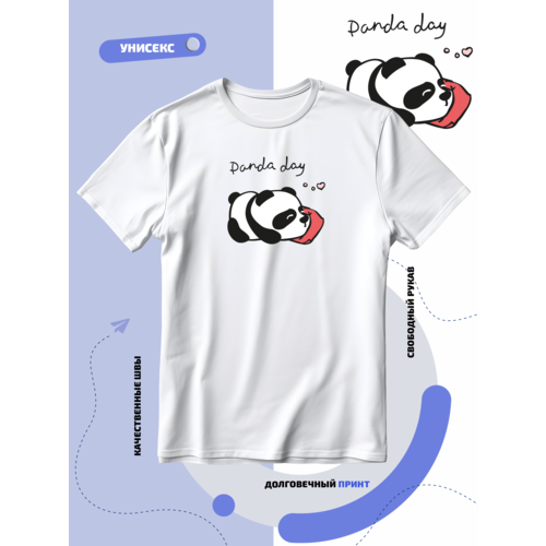 Футболка SMAIL-P панда спит с надписью panda day, размер S, белый