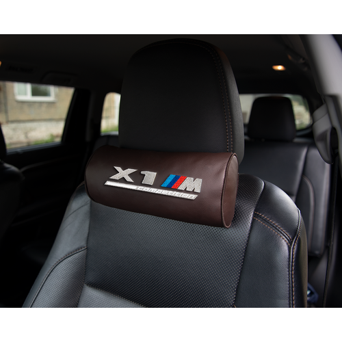 Автомобильная подушка-валик на подголовник экокожа Coffee c вышивкой BMW X1M COMPETITION
