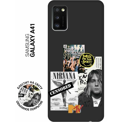 матовый soft touch силиконовый чехол на samsung galaxy a41 самсунг а41 с 3d принтом gucci stickers черный Матовый Soft Touch силиконовый чехол на Samsung Galaxy A41, Самсунг А41 с 3D принтом Nirvana черный